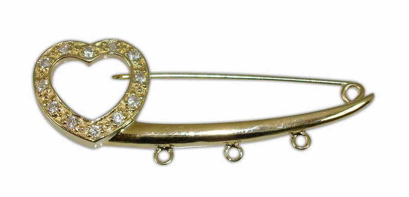 SILVER 925° PIN WITH HEART AND ZIRCON GOLD-PLATED 18x48mm