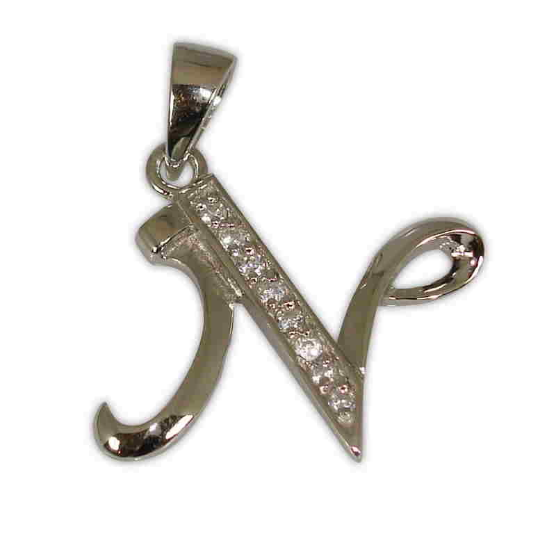 SILVER 925° LETTER ''N'' WITH ZIRCON PENDANT 20x20mm